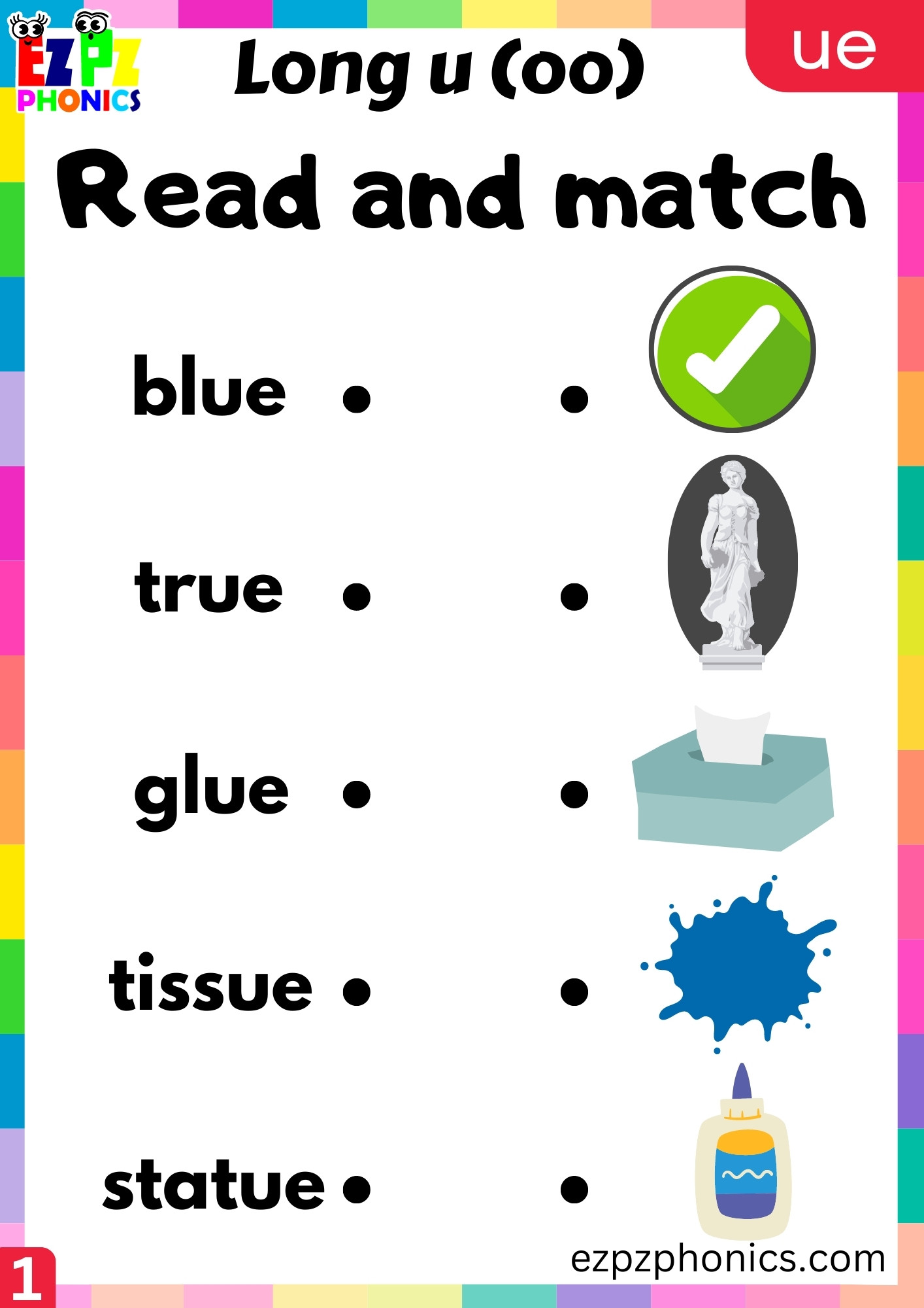 Read and Match Activity for ue Words Long u (oo) Sound